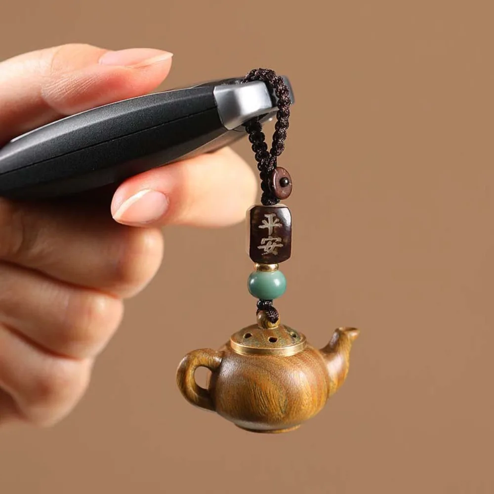 Mini Little Teapot Keychain Waterproof Openable Carved Teapot Pendant Woven Rope Ornament Green Sandalwood Phone Chain Women
