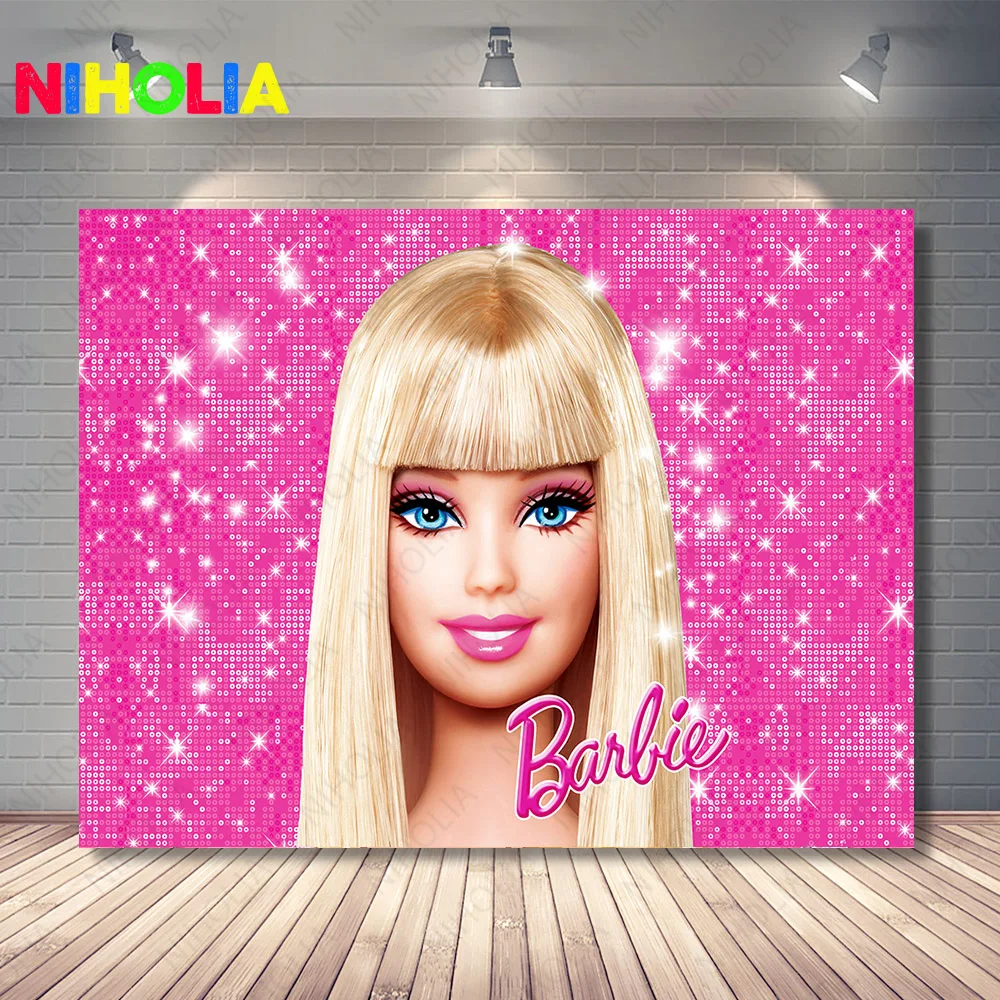 MINISO Barbie Photo Backdrop Girls Birthday Party Decoration Pink Photography Background Baby Shower Banner Booth Props