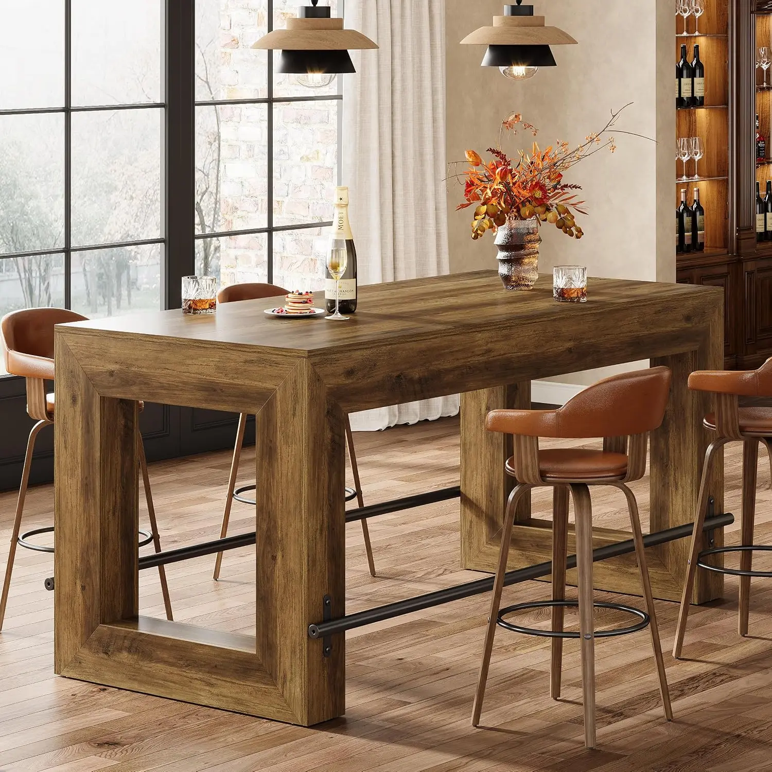 Industrial Bar Table Counter Height Pub Dining Rectangular Metal Footrest Home Kitchen Dining Bistro Rustic Brown, Customized