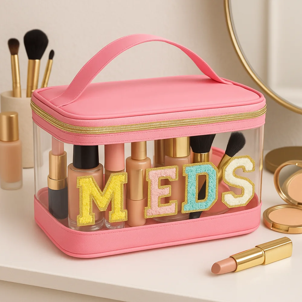 

Waterproof Embroidery Cosmetic Bag Letter Patches PVC Medicine Storage Bag Large Capacity Portable Transparent Wash Bags