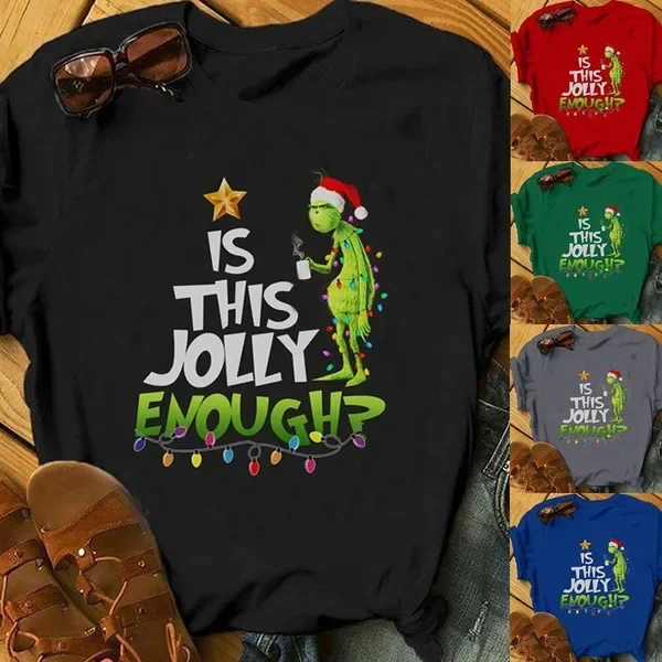 T-Shirt de noël Jolly Enough col rond manches courtes Patchwork Floral Non étiré décoratif T-Shirt de mode pour femmes