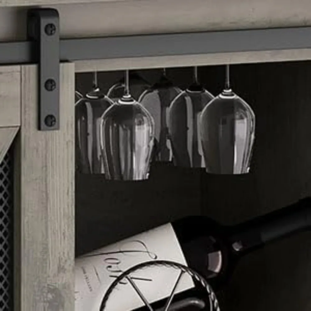 Armoire de bar à vin avec porte coulissante de grange, armoire à café avec casier à vin et support pour verres, buffet de cuisine.