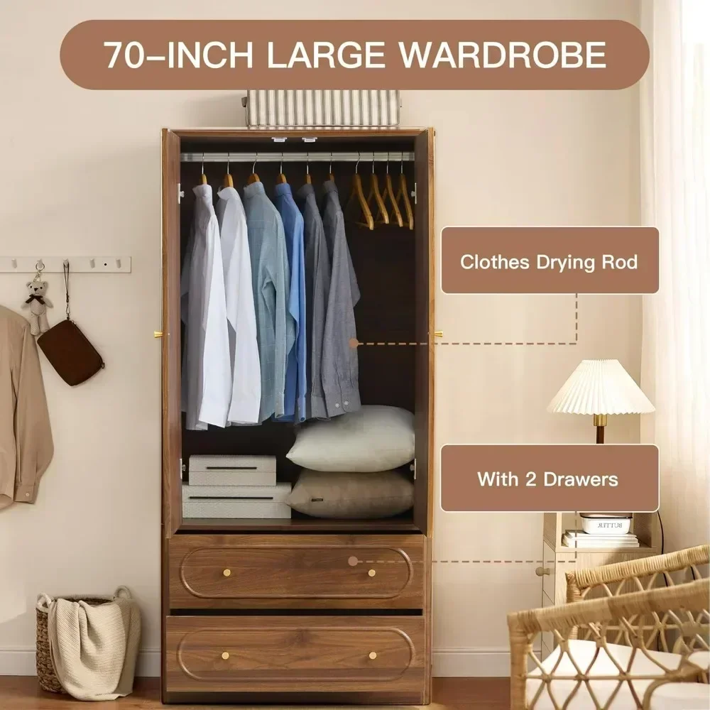 YQXH Fluted Freestanding Armoire Wardrobe Closet with 2 Doors and 2 Storage Drawers, Large Capacity Wardrobe Cabinet