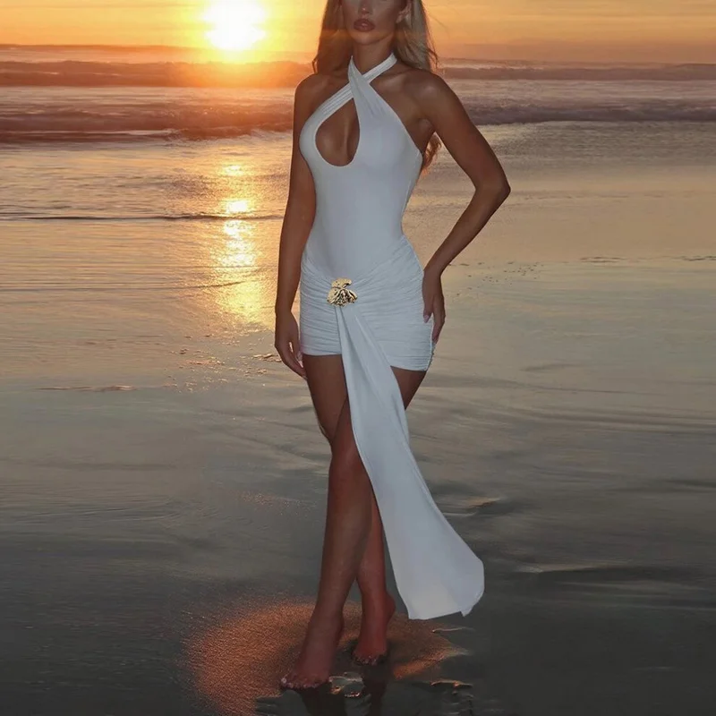 QICHE 2026 Summer European Style Women Halter Bodycon Dress, Solid Slim Backless Party Dress