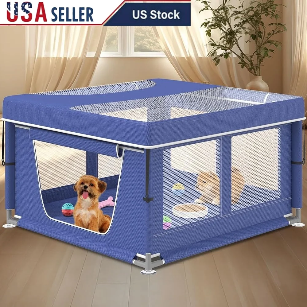 

Puppy Playpen 42 Inch Folding Dog Playpen with Zipper Roof Safe Space Small Medium Pets Indoor Outdoor Use