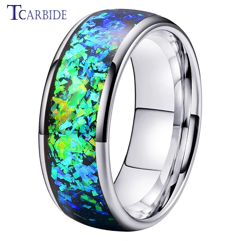 Very Beautiful Bright Opal Ring 8mm Men Women Tungsten Engagement Wedding Band Domed Polished Comfort Fit