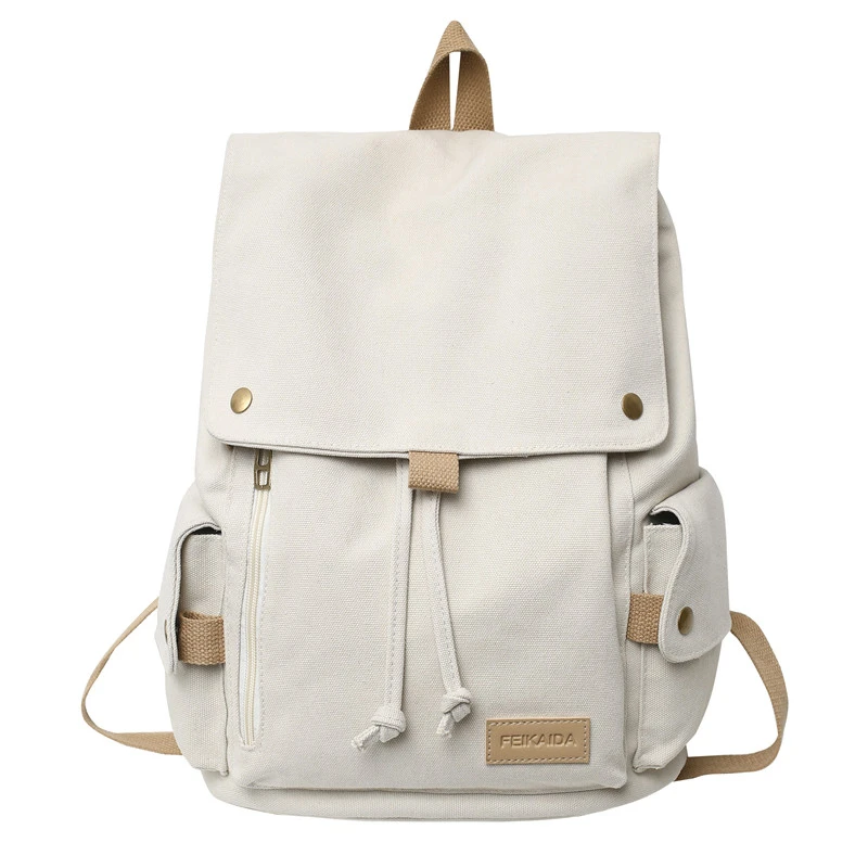 2022 Women\'s Fashion Beige Canvas Backpack Men\'s Contrast Travel Bag College Girl\'s Schoolbag Laptop Bag Student Mochila New