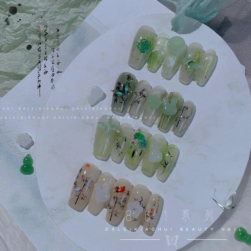 12 Grids Jade Green Nail Decoration Flowers Mixed Nails Accessories Butterfly Nails Drill Goldfish Transparent Floral Ornaments