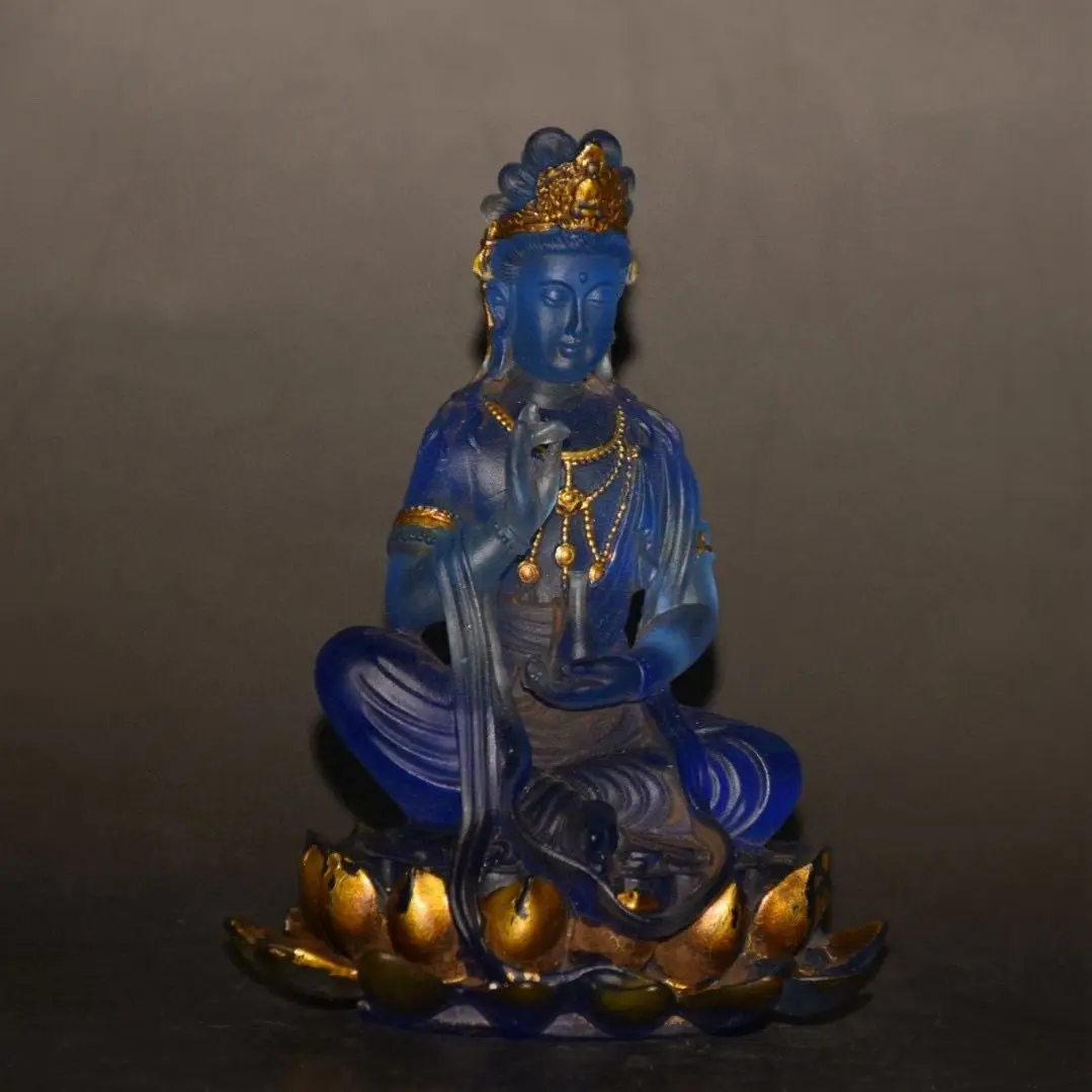 Vintage Gilded Liuli Kwan Yin Buddha Statue on Lotus, Width 9.5cm, Antique Colored Glass Guanyin Ornament for Altar Decor