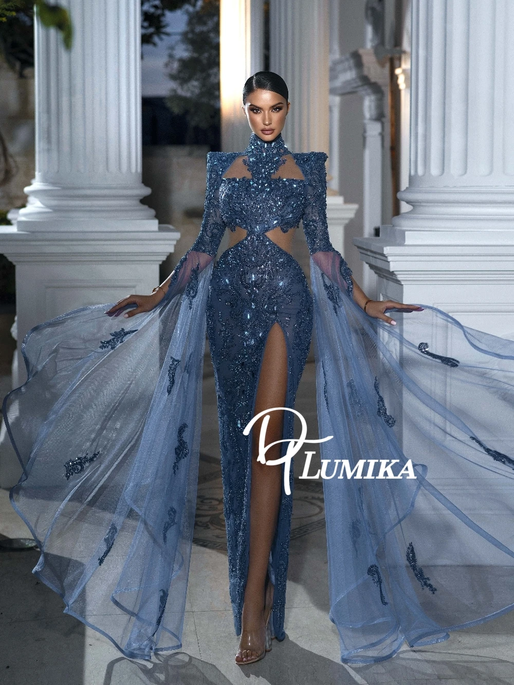 

Sparkly Deep Blue High Neck Evening Dress Chic Cutout Long Sleeves Sequin Bead Embellished Sexy High Slit Formal Prom Gown