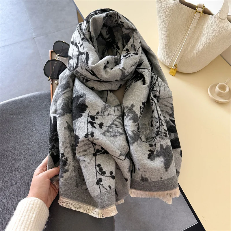 2024 Floral Pashmina Shawl Warm Cashmere Scarf for Women Luxury Winter Thick Blanket Bufanda Female Wrap Bandana Echarpe Poncho