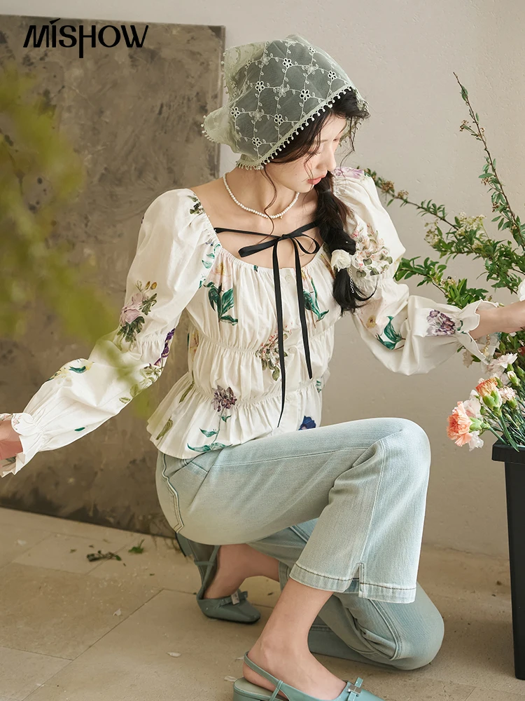 MISHOW blusa francesa con cuello cuadrado, mangas de burbuja de primavera, un hombro con cordones, Top plisado elástico 100 algodón estampado