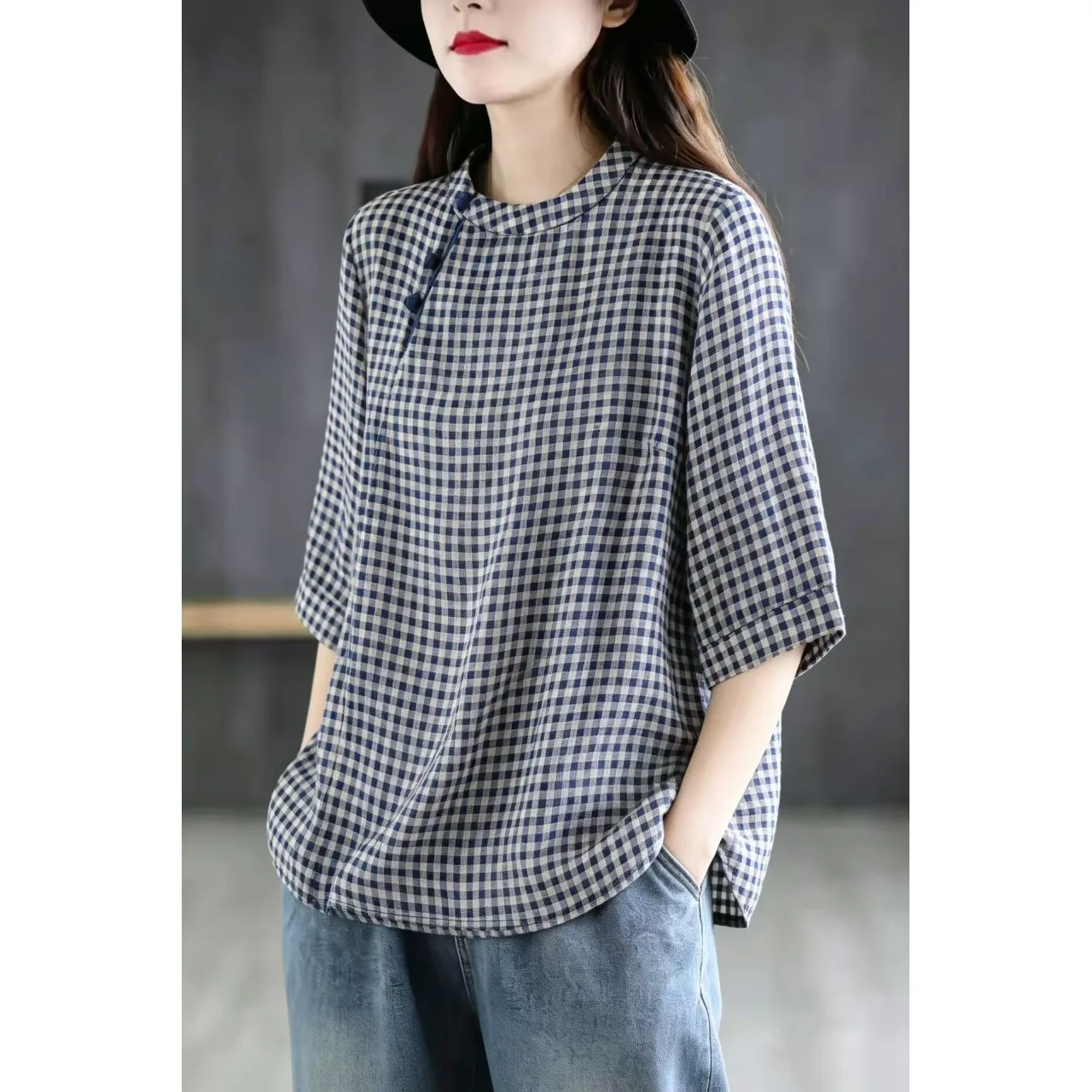 

plus Size Women's Shirt Summer New Chinese Style Plaid Overhead Cotton Linen Button up Top round Neck Five Sleeve Regular Fit
