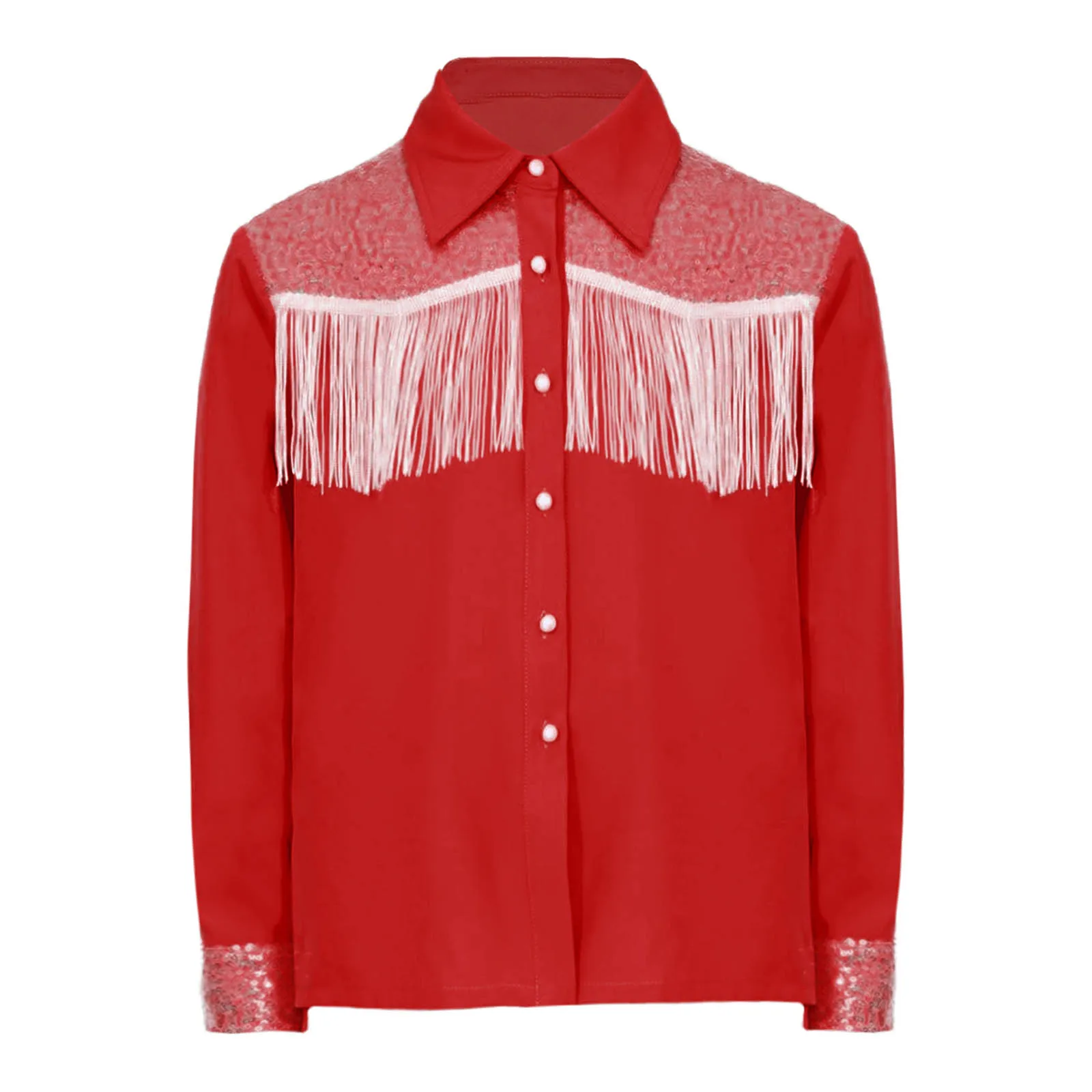 

Kids Girls Western Steampunk Cowgirl Shirt Top Lapel Long Sleeves Button-down Sequins Fringe T-Shirt Tops for Halloween Costume