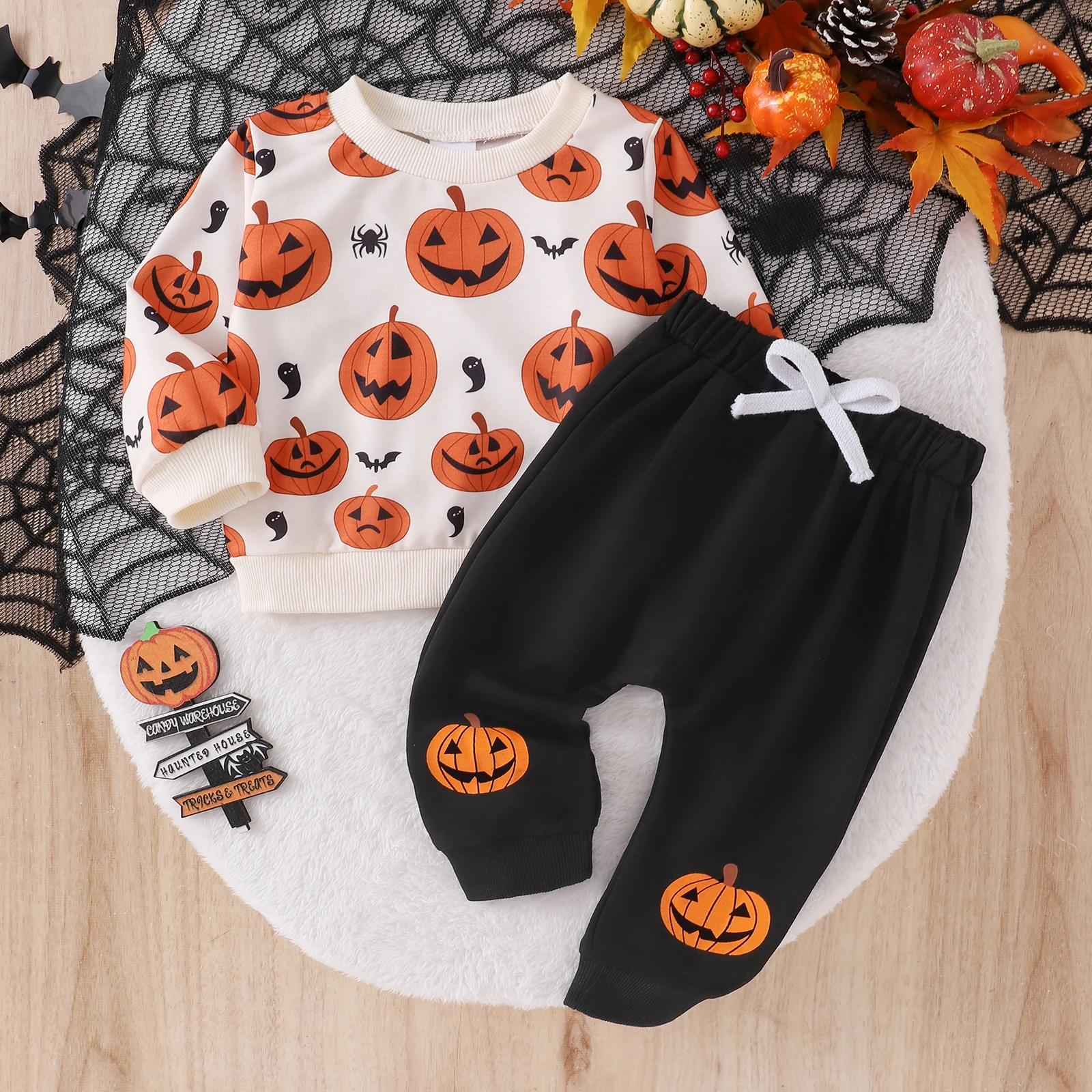 BeQeuewll Baby Boy Girl Halloween Costumes Fall Casual Children Outfits Pumpkin Print Long Sleeve Pullover Pants Set Kid Clothes