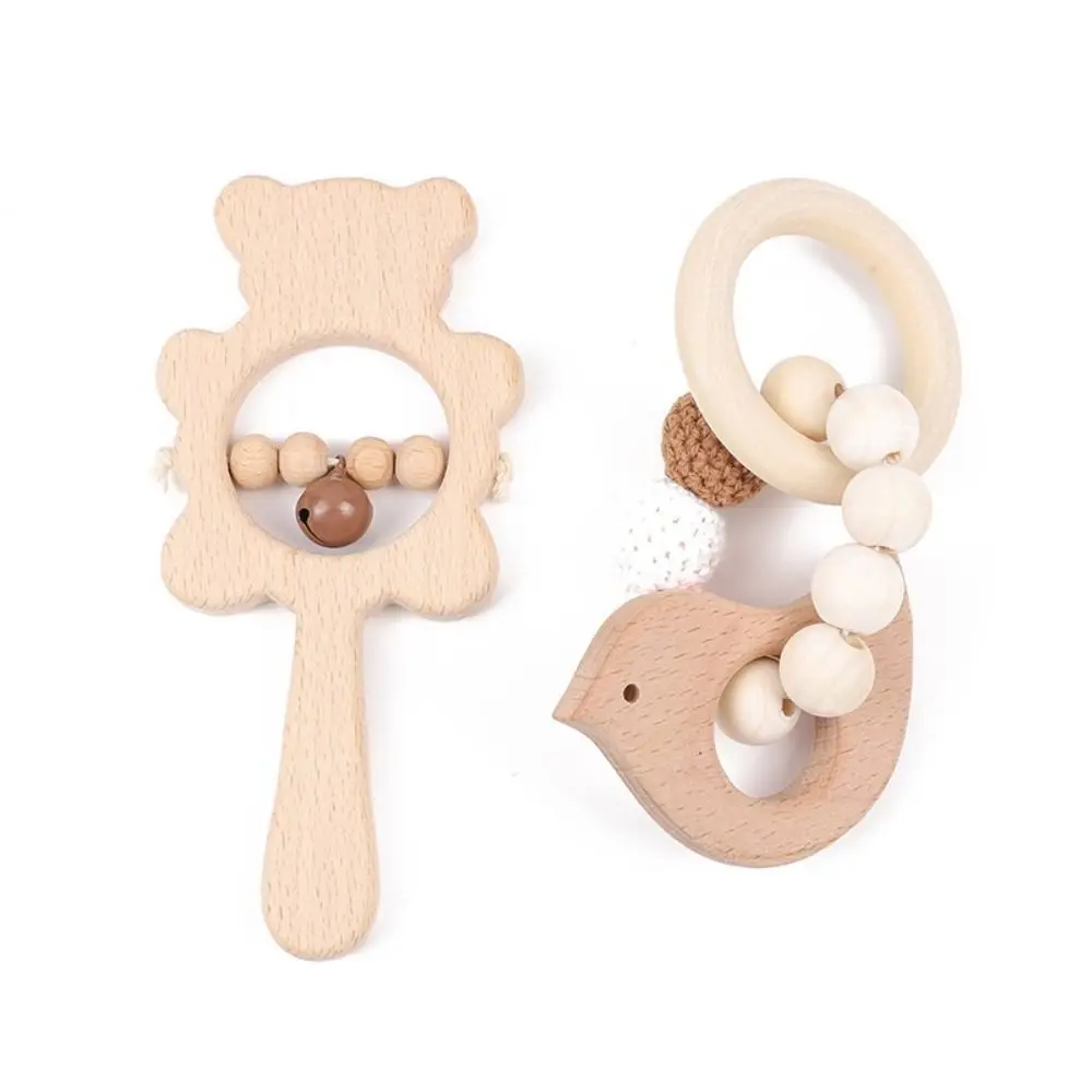 Sonajero de madera con bonito oso de dibujos animados para bebé, juguete con forma de conejo, sonajero con campanilla ajustable, anillos de madera hechos a mano de silicona, juguete para niños