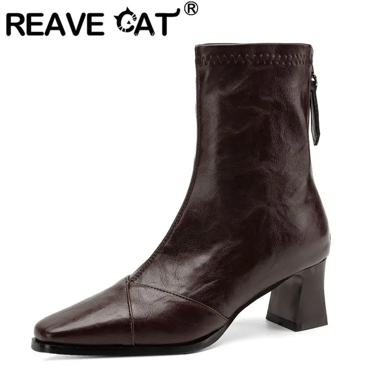 REAVE CAT Brown Women's Ankle Boots Square Toe 5.5cm Block Heel Zipper Small Plus Size 32 33 42 43 Elegant Handmade Short Botas