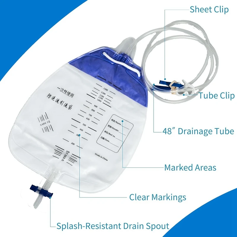 10 PCS Urinary Drainage Bags 1500ML Plastic With 48In Tube Drainage,Clips And Hanging Hook, Urine Bags With Anti-Reflux Chamber