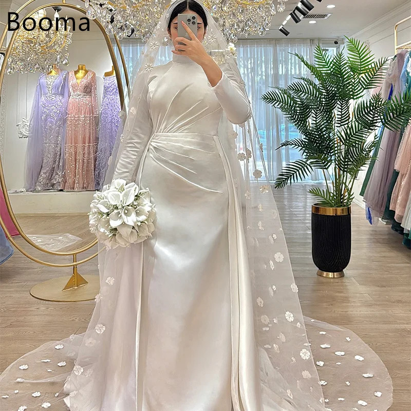 

Booma Mermaid Simple Pleat Wedding Dresses Long Floor-Length High-Neck Satin Elegant Brides Gown Custom Made 2025