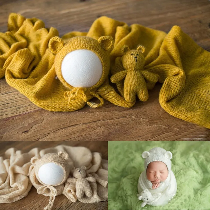 

Baby Photography Props Wool Knitted Blanket Hat and Doll Newborn Photo Prop Shoot Studio Accessories