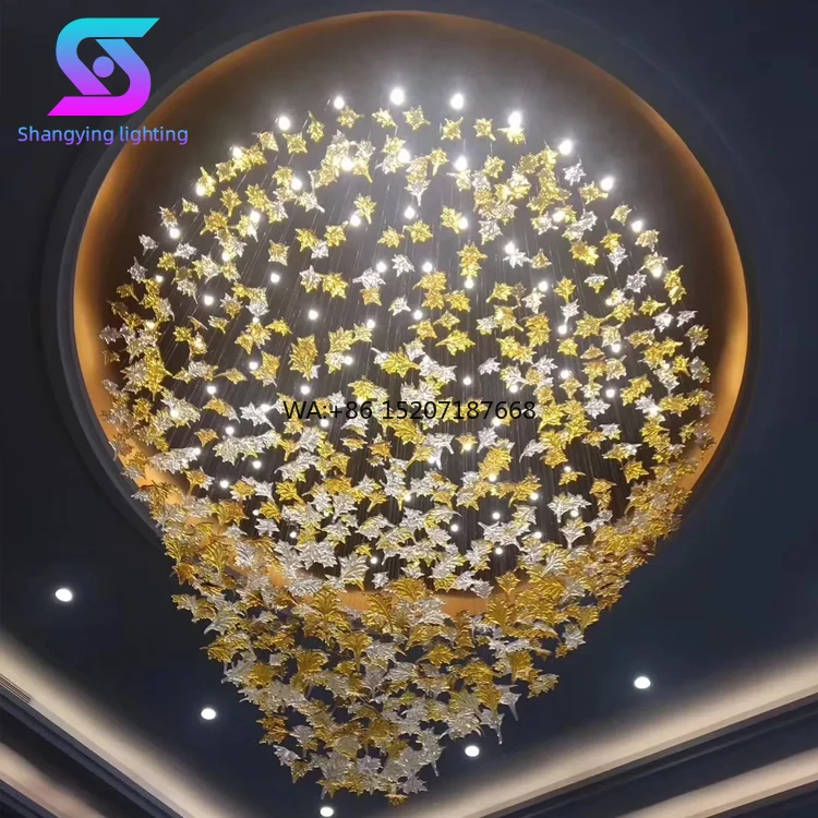 High Quality Gold Glass  3D Printed Oval Leaf Pattern Modern Luxury Hotel Villa High   Lamp