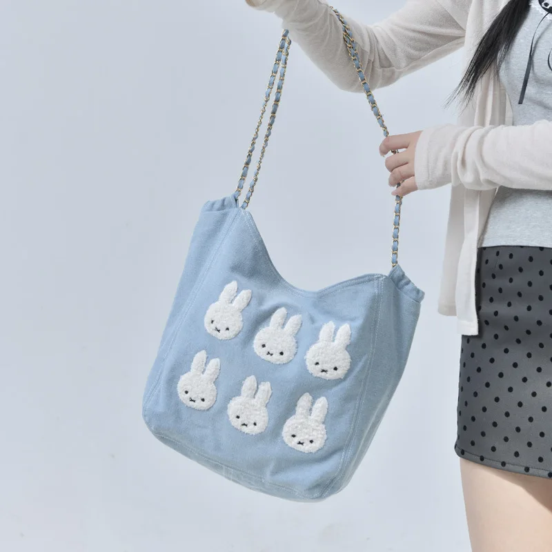 Bolso de cadena Miffy de dibujos animados, bolso de hombro tipo bandolera a la moda, cadena para compras y desplazamientos, nuevo bolso de lona vaquera versátil