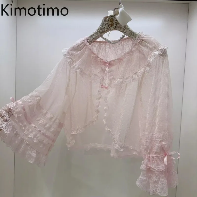 Kimotimo Sweet Lolita Lace Flare Sleeve Shirt Women Summer Bow Ruffle Doll Collar Cardigan Crop Top Japanese Kawaii Y2k Blouse