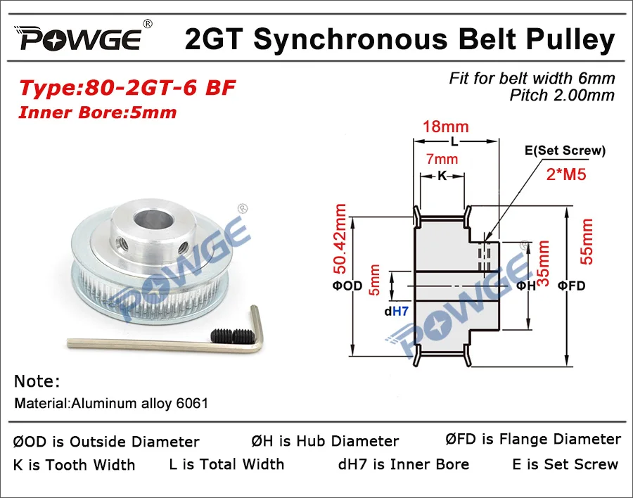 POWGE VORON Black Red Anodized 80 Teeth 2MGT/2GT synchronous Pulley Bore 5mm for width 6mm GT2 Timing Belt Wheel 80Teeth 80T