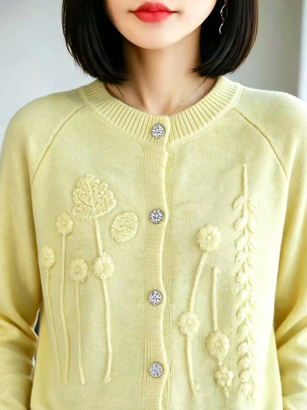 Sweet Youthful Knitted Cardigan round Neck Soft Fluffy 3D Flower All-Match Sweater Outerwear Gentlewoman's Autumn Winter Top