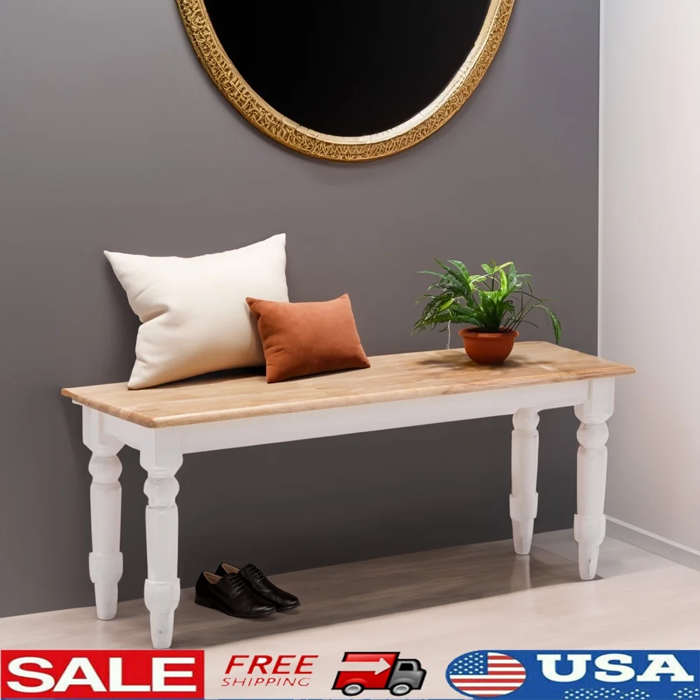 

Farmhouse Backless Wood Bench Rubberwood Frame Elegant Two-Tone Finish Indoor Seating Solution Entryway Kitchen Hallway