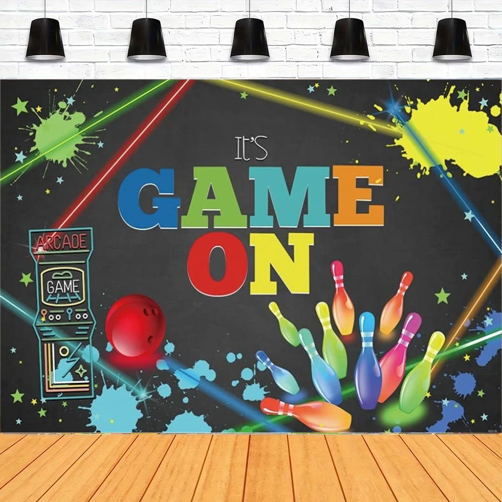 Arcade Game Photography Backdrop for Birthday Party Laser Tag Background Bowling Theme Boys Splatter Birthday Decoration Banner