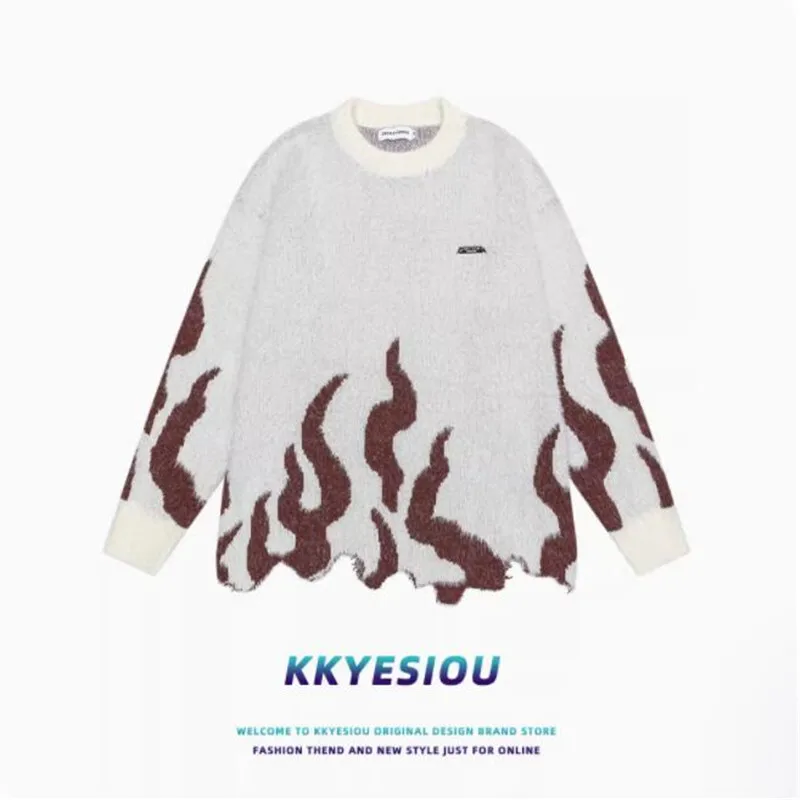 Man Women Sweater American Green Flame Letter Knit Sweater For Men And Women Oversized Hip-hop Couple Pullover