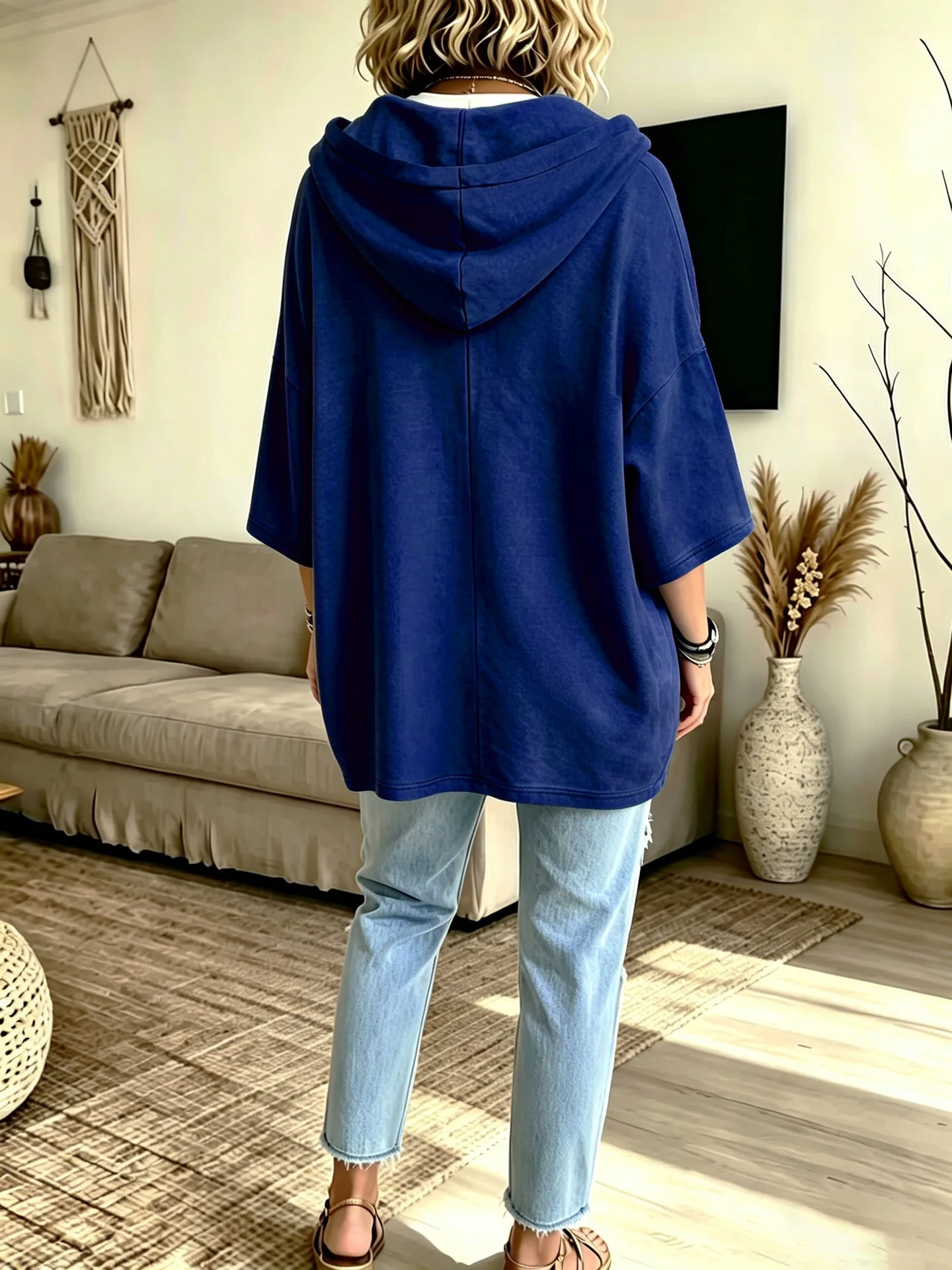 Einfarbiger Damen-Hoodie mit 3/4-Ärmeln, Lässiger Lockerer Pullover für Herbst und Winter – Detail 16