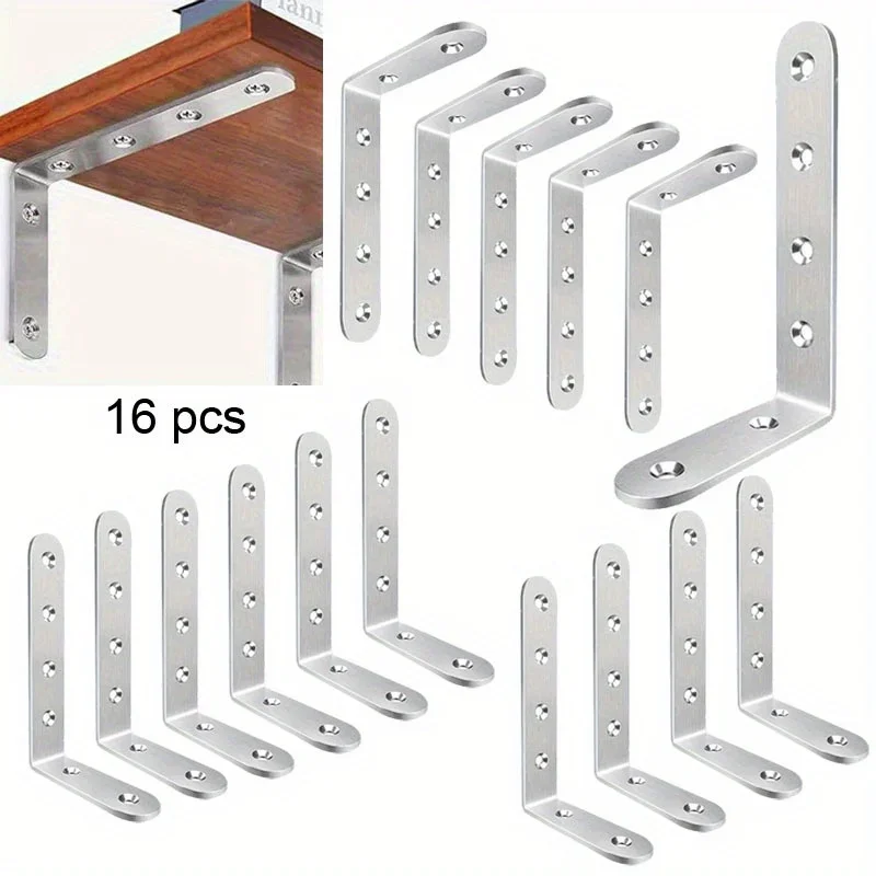 

16pcs Brackets Shelves Heavy Duty Stainless Steel L Shaped Bracket Corner Brace Joint Right Angle Bracket Wall Hanging Bracket