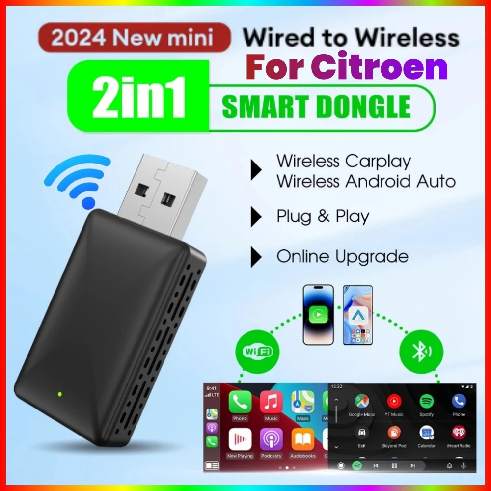 Adattatore Wireless Carplay Android Auto WiFi Connessione Rapida Smart Dongle 2in1 Per Citroen C3 C5 C5X C5 C6 AIRCROSS C3-XR