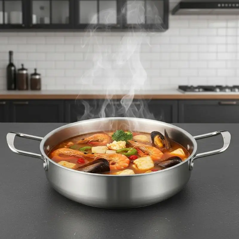 Food Grade Stainless Steel Hot Pot Dual Handles Induction Compatible for Seafood Ramen Home Kitchen Cooking