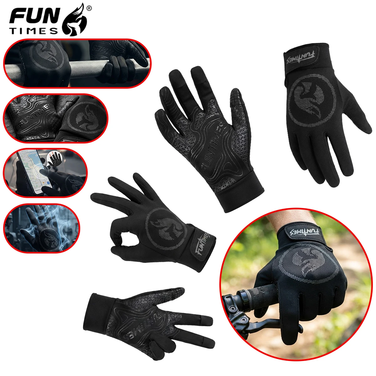 FUNTIMES Dark Style Sport Full Finger Gloves With Elastic Fit, Silicone Anti Slip, Touch Screen Riding Gloves