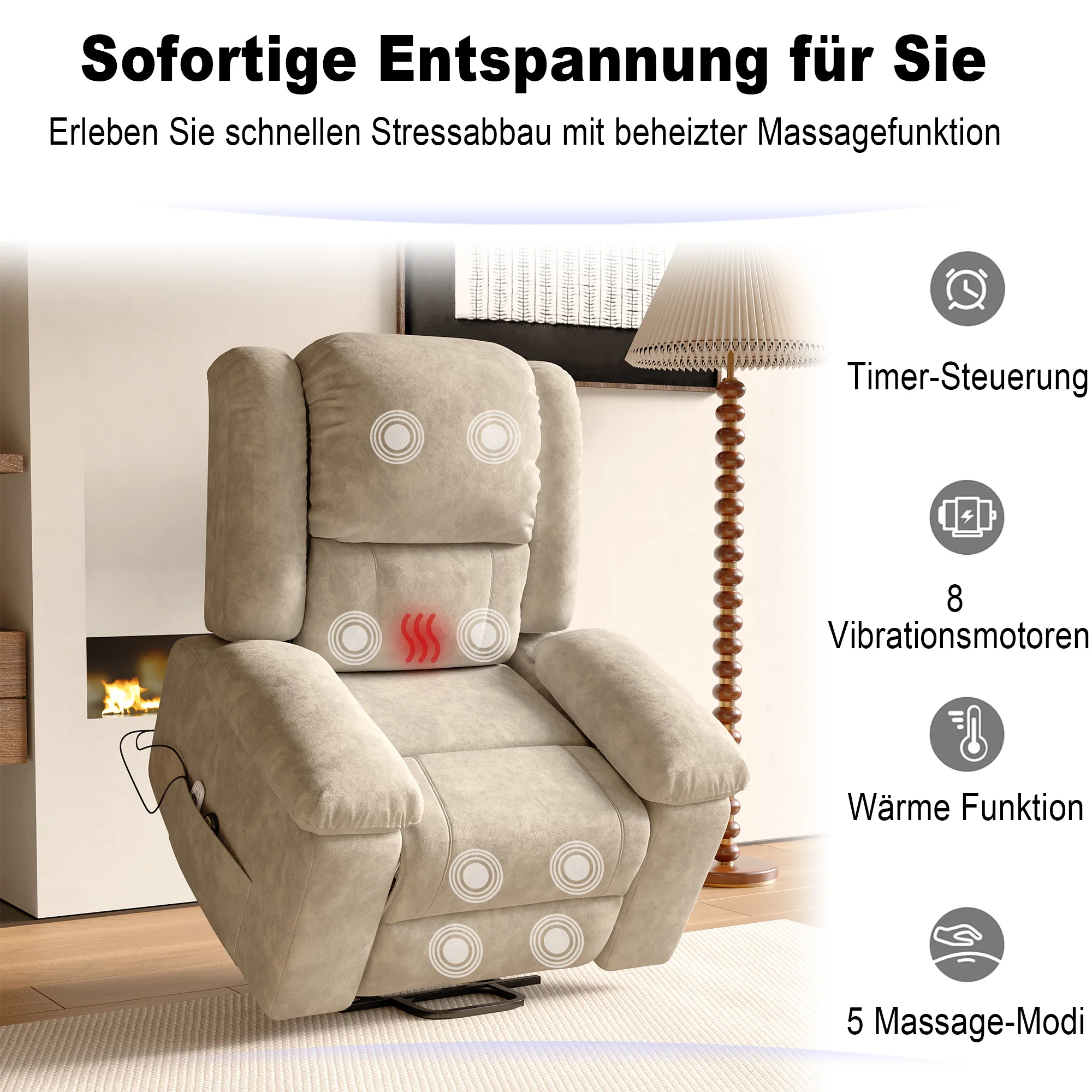 Electric Recliner, 8 Motor, 5 Massage Modes, Heat Function, Chaise Lounge with Rising Aid, Side Pocket and Remote Control