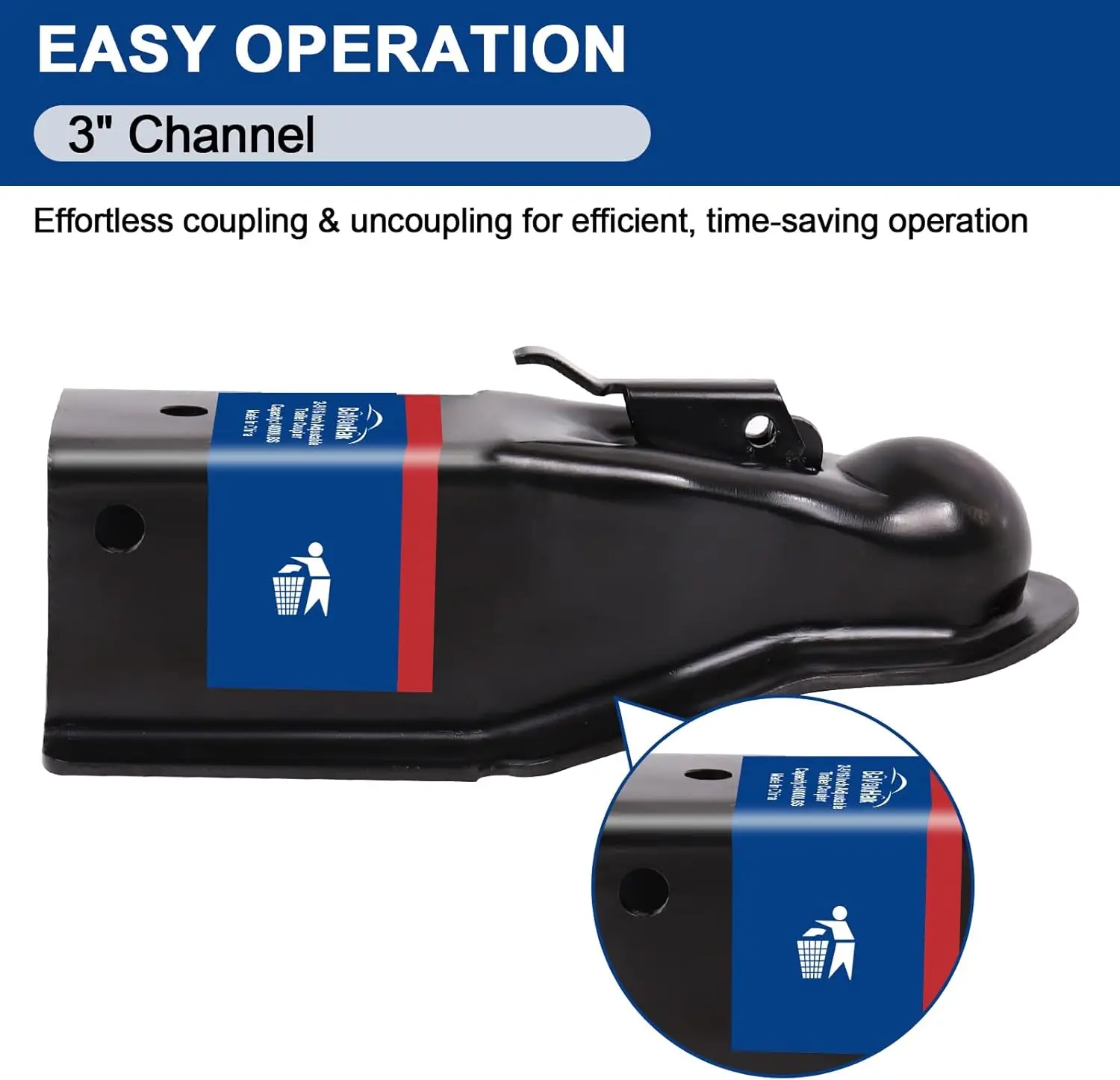 وصلة مقطورة مستقيمة 3 بوصات قناة 2-5/16 بوصة مع وصلة لسان مقطورة بوزن 14000 رطل، باللون الأسود