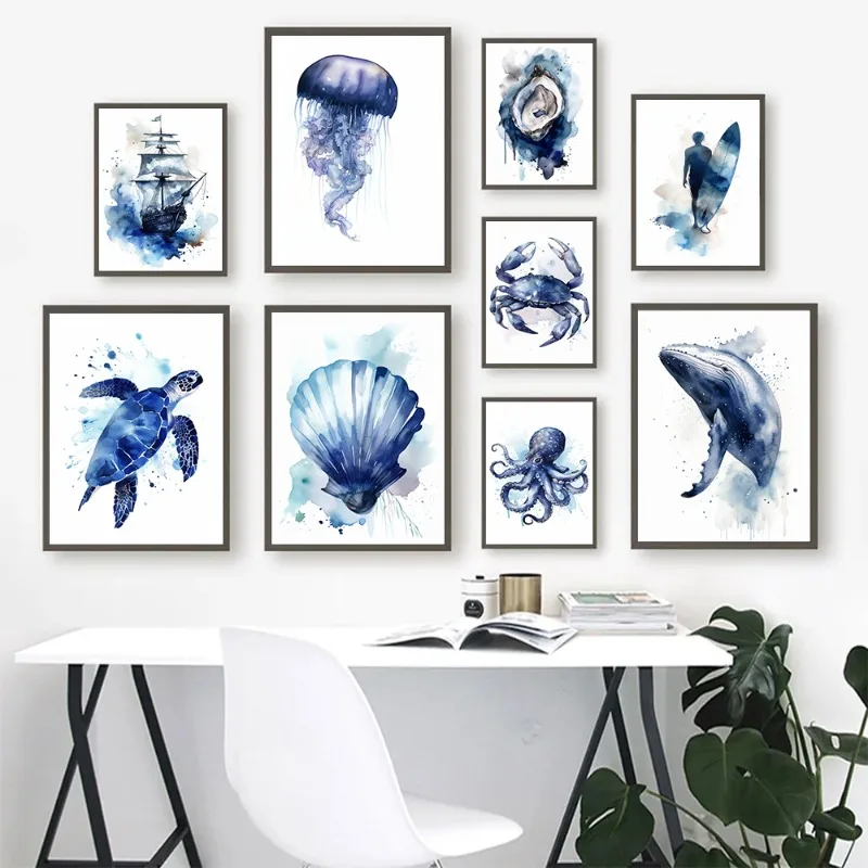 Blue Watercolor Nautical Maritime Jellyfish Oyster Poster Print Canvas Painting Beach Ocean Wall Art Picture for Room Home Decor