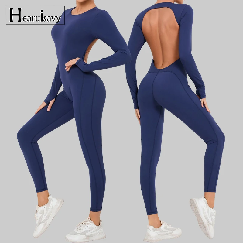 

Hearuisavy Long Sleeves One-piece Suit Female Jumpsuit Quick Dry Yoga Clothing Workout Bodysuits Backless Sports Rompers Women