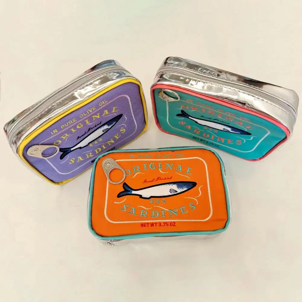 Canned Sardines Makeup Bag Zipper Closure Embroidery Small Toiletry Pouch Portable Travel Toiletry Bag Cosmetic Organizer Case