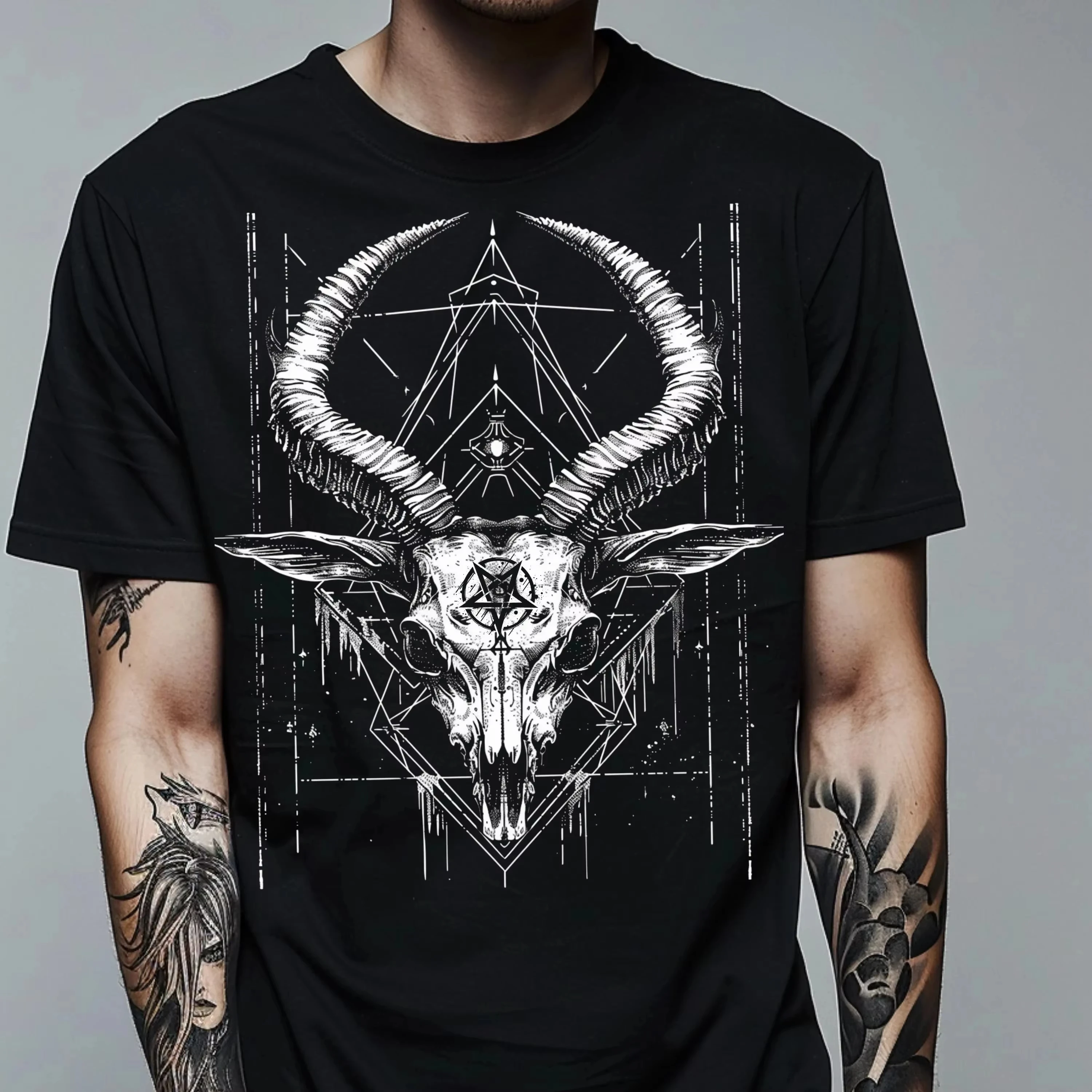 Baphomet Goat Skull T-Shirt Men Occult Pentagram Print Dark Art Gothic Streetwear Unisex Tee