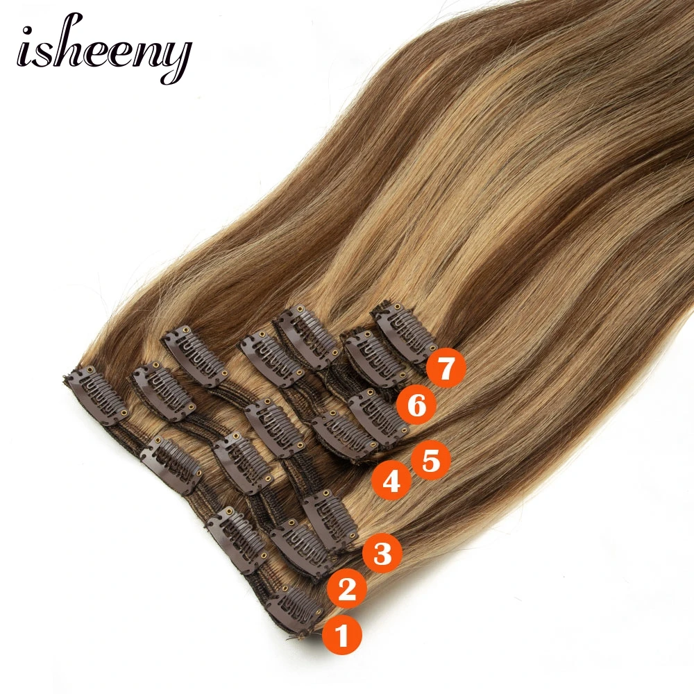 Highlight Clip in Hair Extensions 7pcs/Set 12-24 inches Natural Brown Human Hair Full Head 50-140G Clip Human Hairpieces P4-27#