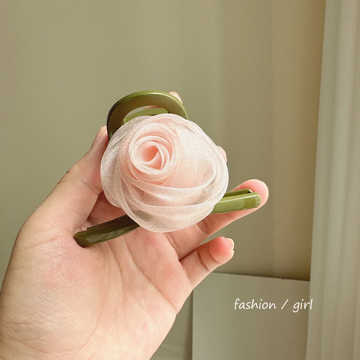Dried Rose Mesh Hair Shark Claw Clip Ethereal Fairy Premium Volumizing Back Head Updo Daily Beige