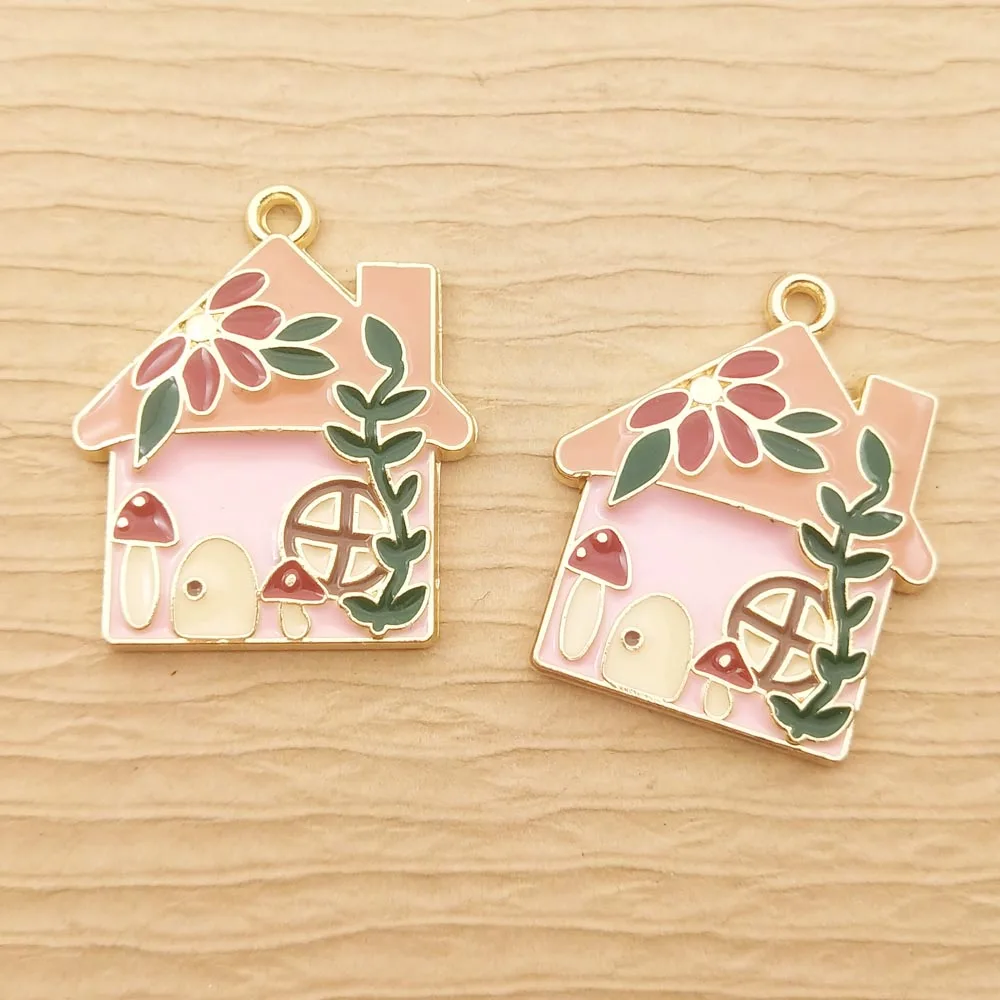 10pcs Flower House Charm for Jewelry Making Enamel Pendant Necklace Bracelet Accessories Diy Supplies Zinc Alloy Gold Plated