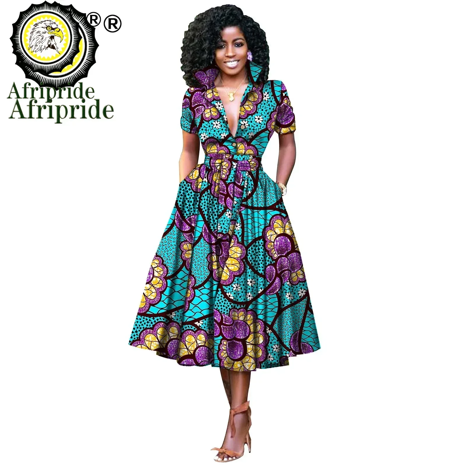 African Dresses for Women Short Sleeve V-neck High Waist Ankara Fabric Print Formal Dress Pure Cotton Bazin Riche Dress S2025072