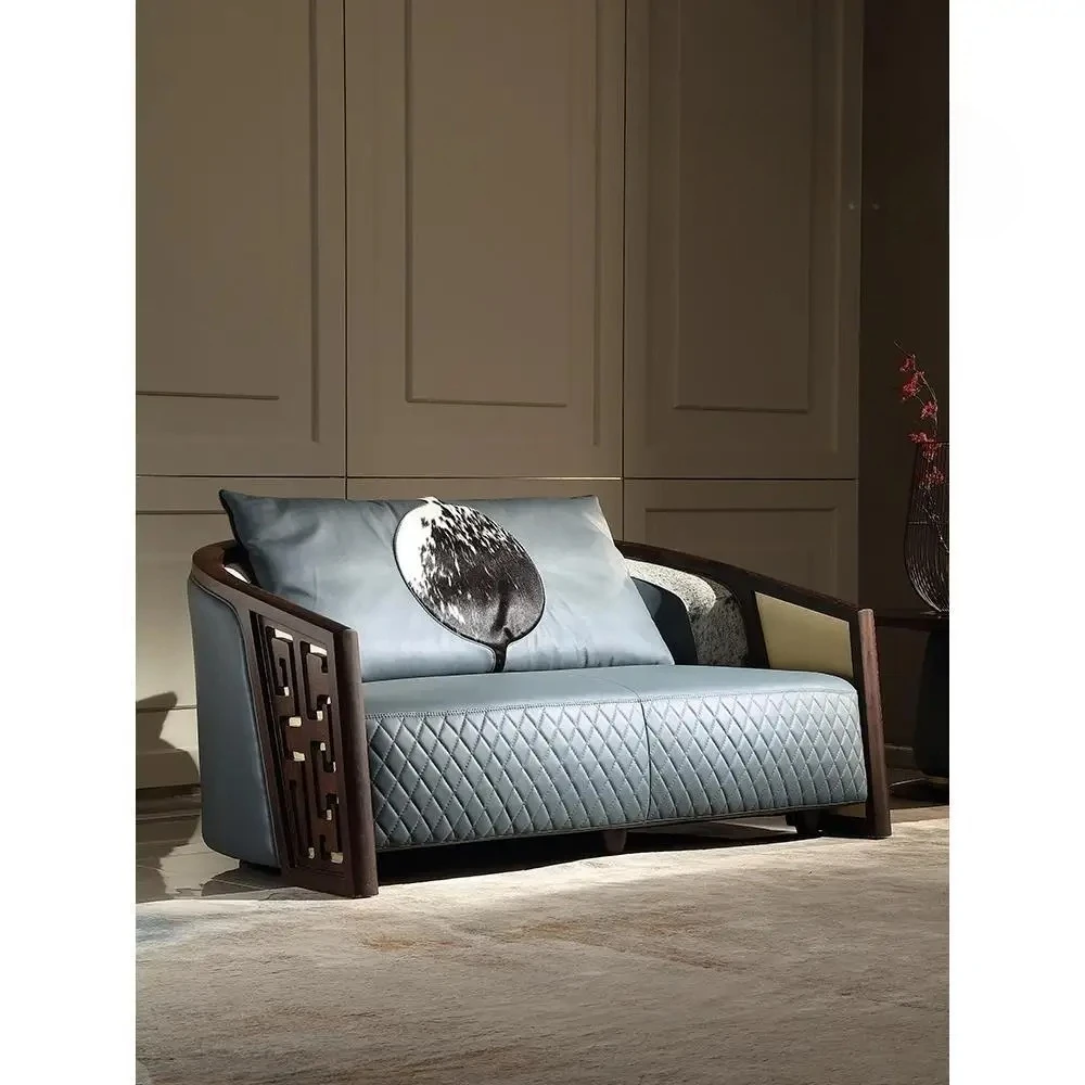 

Nordic New Chinese Style Solid Wood Small Apartment Single Leather Sofa