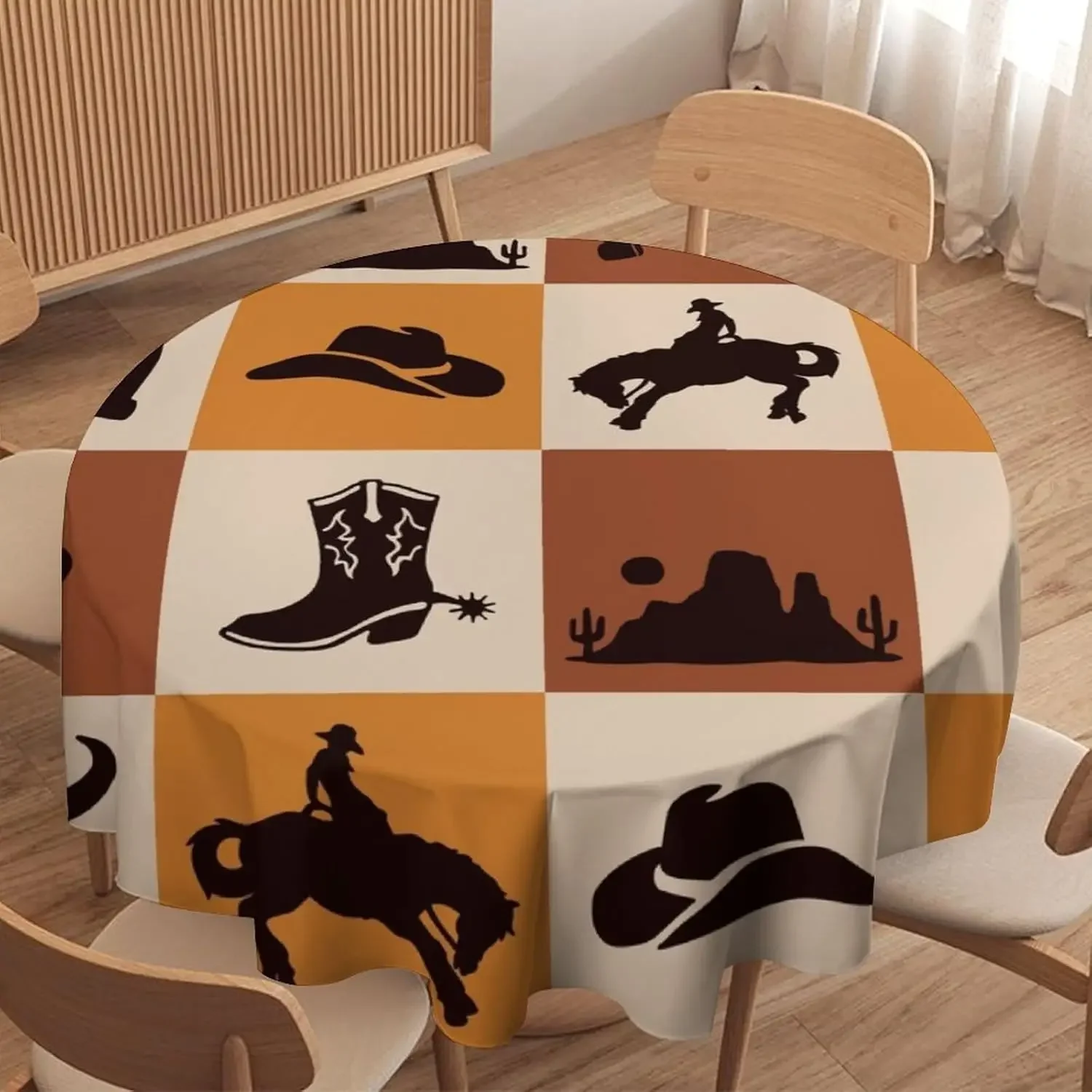 Retro Western Cowboy Cow Plaid Circle Tablecloth - Rustic Farmhouse West Country Home Party Dining Kitchen Cover