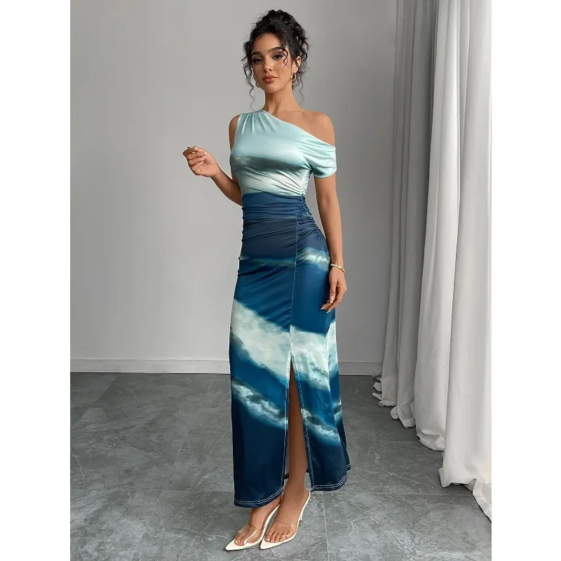 

Женское летнее платье нового фасона в европейском и американском стиле, контрастное, приталенное, с косыми плечами, длинная юбка